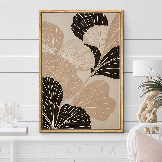 Woodrose Framed Canvas Print Wall Art Ginkgo Leaves Monochrome Nature Abstract Illustrations Modern Art Minimalist 3D Colorful Ultra for Living Room, Bedroom, Office - 24"x36" NATURAL