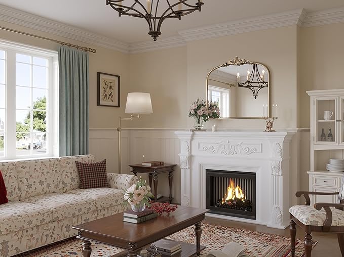 Arched Antique Gold Wall Mirror, 32"x24" Large Vintage Gold Bathroom Wall Mirror Over Sink, Ornate Arch Bronze Mirror for Fireplace, Entryway, Bedroom Over Vantiy, Haning or Leaning