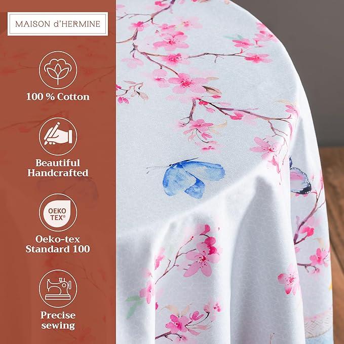 Maison d' Hermine Table Cloth Round Table 100% Cotton 63 Round Inches Tablecloth Reusable Decorative for Dining Room Farmhouse Home Valentines Day Decorations Spring Summer - Blossoms in Spring