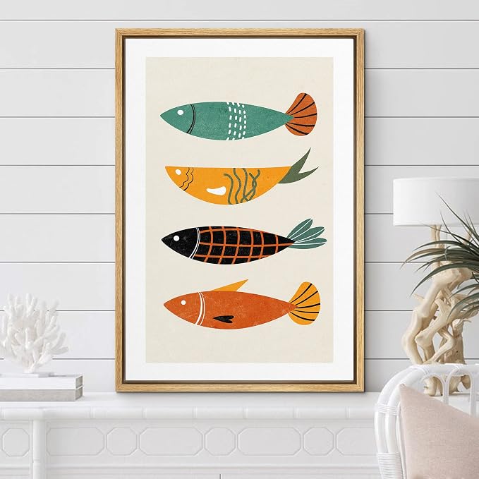 Woodrose Framed Canvas Print Wall Art Mid-Century Pattern Ocean Fish Animals Shapes Illustrations Modern Minimalist Chic Relax/Calm Multicolor for Living Room, Bedroom, Office - 24"x36" Natural