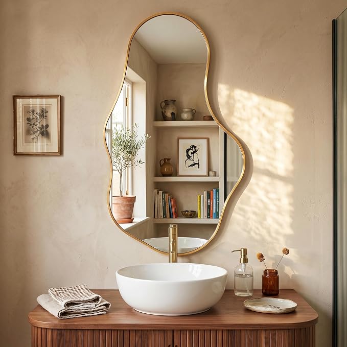 Irregular Wall Mirror, 22"x36" Gold Abstract Asymmetrical Mirrors for Wall, Decorative Cloud Aesthetic Mirror for Bathroom, Bedroom, Cloakroom, Entryway, Shatter-Proof Aluminum Alloy Frame