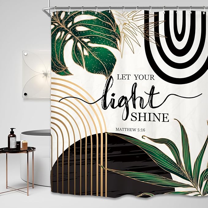 Miyotaa Abstract Emerald Green Minimalist Shower Curtain Set 60Wx71H Inches Minimalist Bible Mid Century Aesthetic Modern Inspirational Plant Leaves Waterproof Bathroom Curtain with 12 Hooks