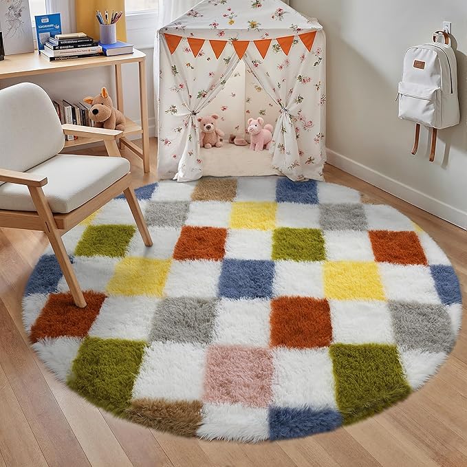 Checkered Rug 4x4 for Living Room, Colorful Modern Shag Super Soft Washable Fluffy Rugs Indoor Fuzzy Carpet for Bedroom Home Dorm Aesthetic Decor