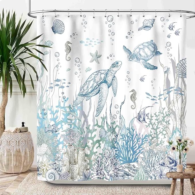 Nautical Coastal Shower Curtain,Summer Blue Sea Turtle Seashell Starfish Underwater Ocean Animal Themed Bathroom Decor Set with Hooks,72x78Inch