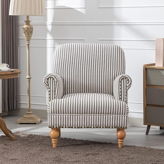 Linen Accent Chairs Set of 2 Mid-Century Modern Living Room Armchair with Nailhead Trim & Wood Legs Comfy Upholstered Single Sofa Chair for Lounge/Bedroom/Reception, Black Stripe