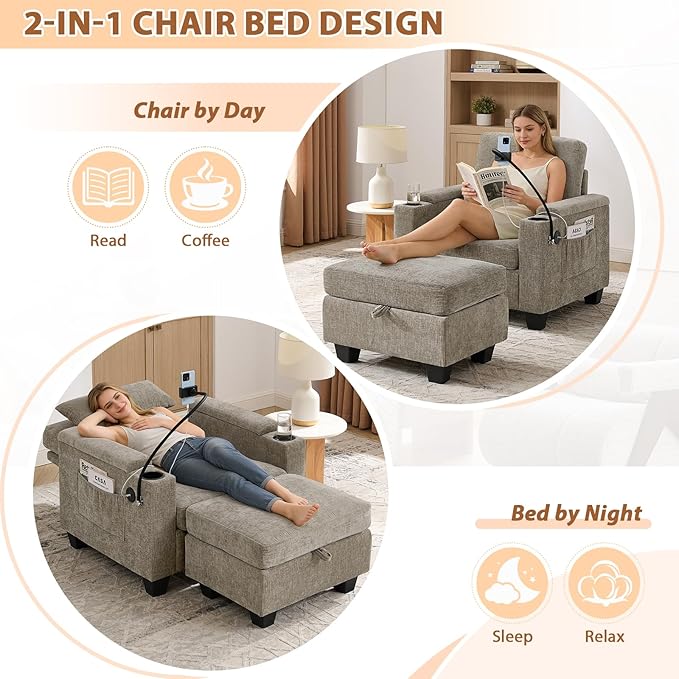 Oversized Chaise Lounge Chair Indoor, Single Convertible Recliner Reading Arm Sofa Chair W/Adjustable Backrest & Charging Port Couch Bed for Living Room, Home Theater & Bedroom, Brown