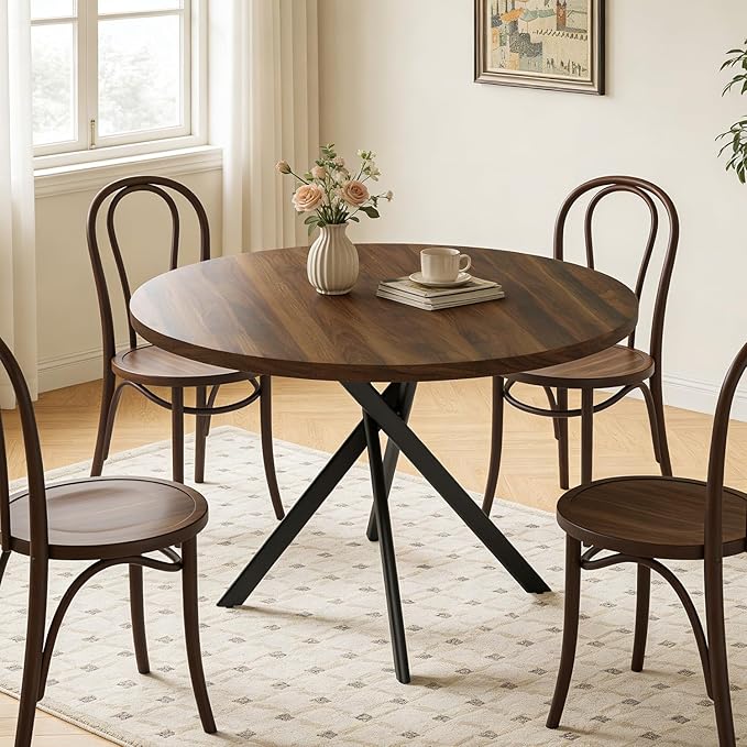 44" Round Dining Table for 4, Modern Mid-Century Dining Kitchen Table of 4, Cozy Dinette Round Table with Metal Leg for Kitchen Dining Room Apartment, Walnut