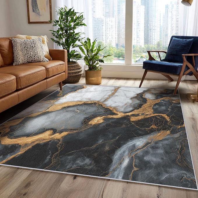 Black White Gold Marble Area Rug, Modern Abstract Pattern Carpet, Washable Non Slip Low Pile Soft Thin, Living Room Bedroom Home Decor Mat 4x5ft
