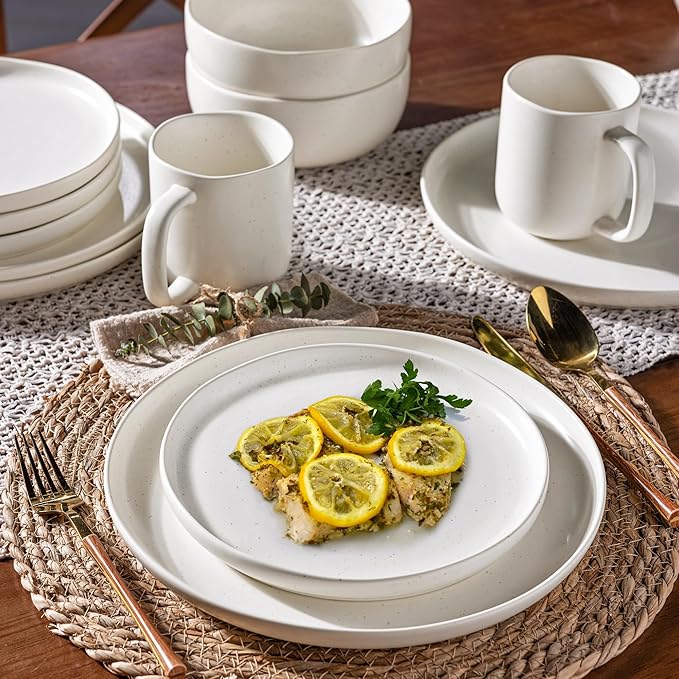 AmorArc Ceramic Dinnerware Sets, Wavy Rim Stoneware Plates and Bowls Sets,Dishwasher & Microwave & Oven Safe Dishes set, Service for 6 (18pc)-Matte Speckled White