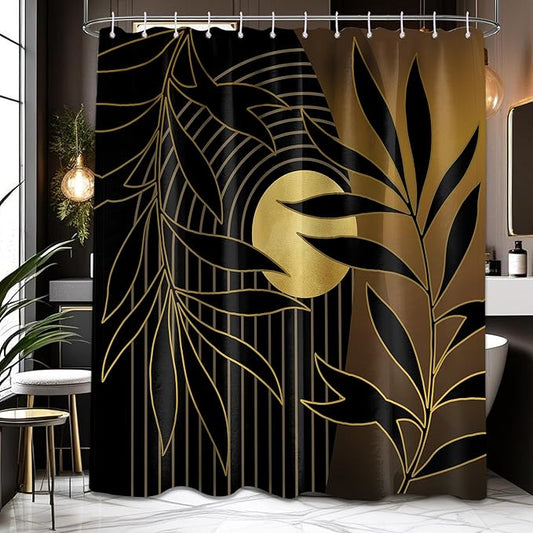 Boho Black and Gold Shower Curtain, Mid Century Modern Shower Curtains for Bathroom, Mens Bath Curtain Set, Waterproof Fabric with Hooks, 70" W x 84" L (Pack of 1)