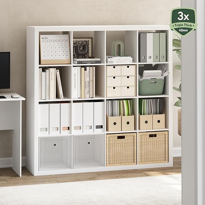 Furinno Cubicle Book Shelf, 16-Cube Bookshelf, Triple Thick Frame Cube Storage Organizer, 1.65" Bookcase, 15.4" x 57.4" x 56.9", for Home Office, Living Room, Plain White