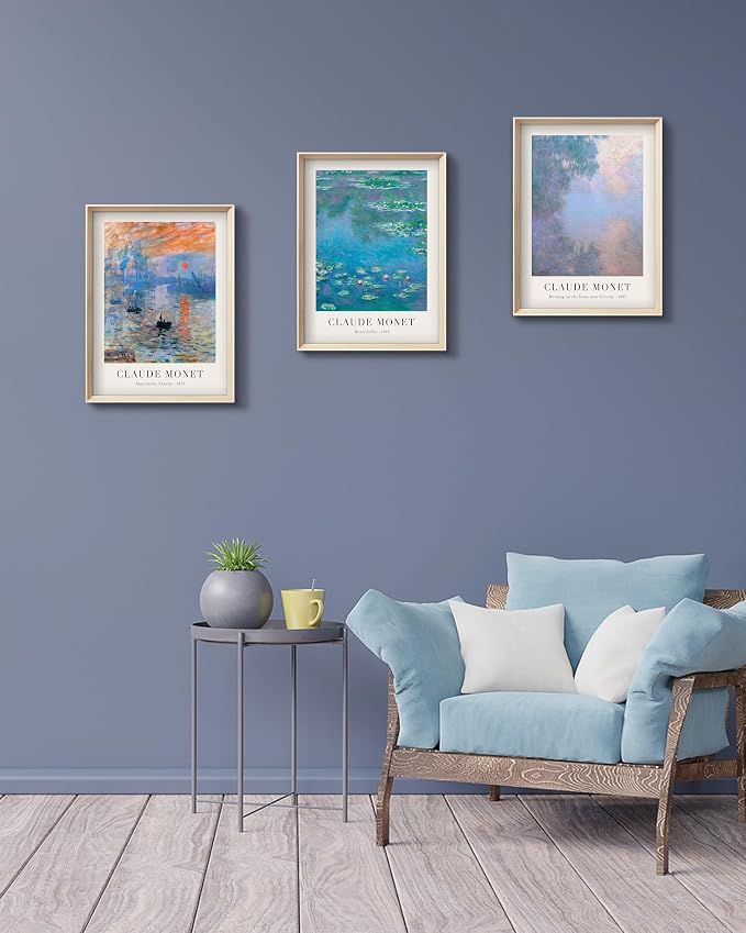 Framed Claude Monet Water Lilies Canvas Wall Art,Vintage Impressionist Botanical Painting,16x12IN High Framed Design Prints,Minimalist Classic Decor Aesthetic for Living Room,Bedroom,Bathroom Set of 3
