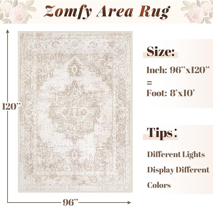 Area Rug 8x10 Vintage Rug: Large Washable Indoor Medallion Rugs Low Pile Distressed Floor Carpet Retro Accent Rug for Living Room Bedroom Kitchen Dining Table Home Office(Beige, 8'x10')