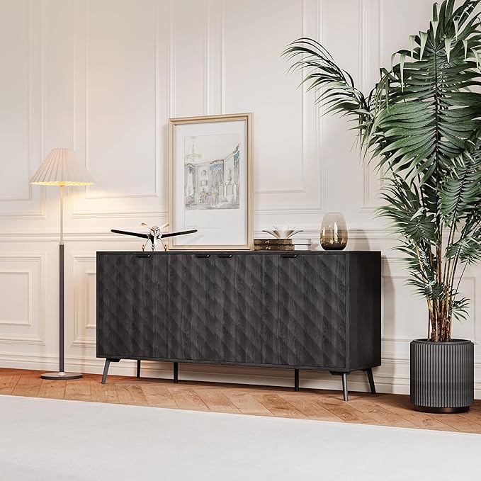 62'' Diamond Flute Sideboard Buffet Cabinet, Diamond Shaped Relief Storage Cabinet with Adjustable Shelves, Accent for Living Room, Entryway,Hallway (Advanced Black Wood Grain)
