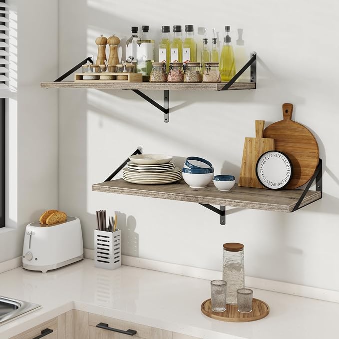 Floating Shelves, 12 Inch Deep Rustic Wood Wall Storage, 16W x 12D Wall Shelves Set of 2, Heavy Duty Metal Brackets, Large Industrial Book Shelf for Living Room, Kitchen, Bedroom, Grey