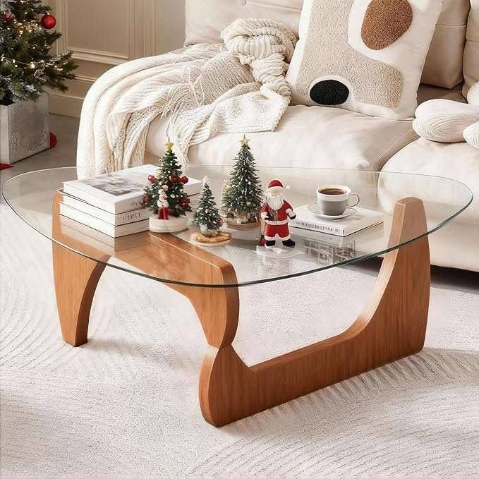 Glass Coffee Table for Living Room, Modern Center Table, Stylish mid Century Coffee Tables with Glass Triangle Top & Adjustable Wood Legs, for Living Room,Home Small Space
