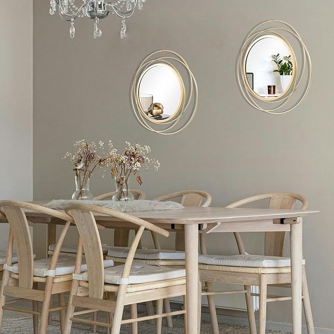 2 Set Circle Mirrors for Wall Decor for Living Room Bedroom Bathroom Entryway Metal Round Mirror Decorative Hanging Mirrors Sun Bohemian Geometric Accent Sculpture -Gold 13 in