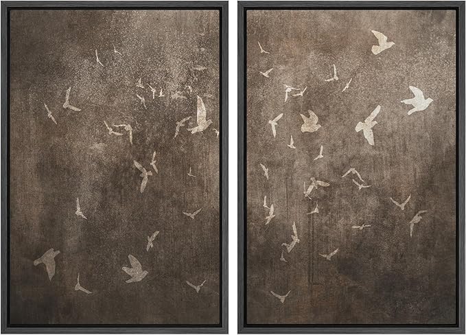 IDEA4WALL Framed Canvas Print Wall Art Set Flying Birds Silhouette Rustic Neutral Tone Abstract Illustrations Modern Art Decorative Calm/Zen for Living Room, Bedroom, Office - 16"x24"x2 Black