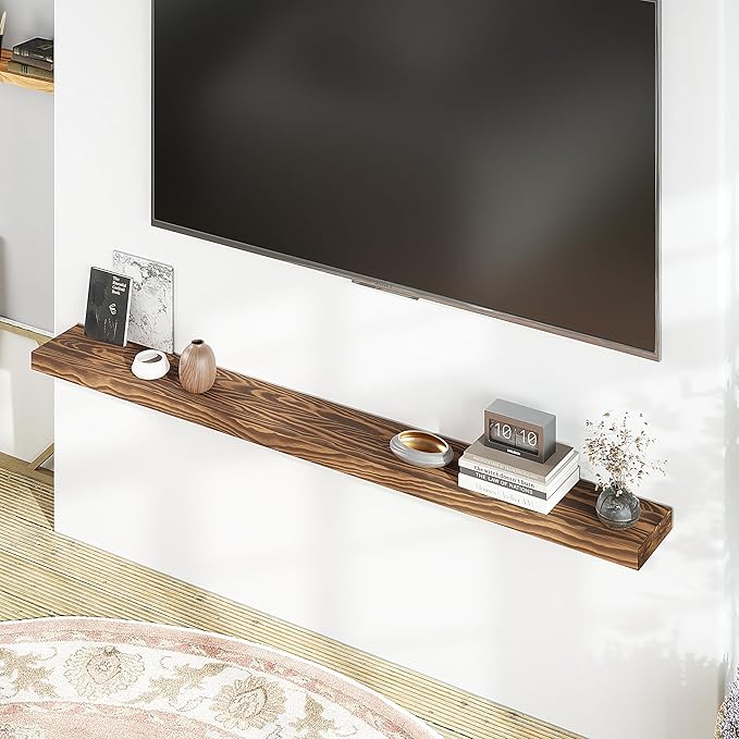 Howizz 60'' Pine Wood Floating Shelf for Wall, Rustic Wall Mounted Wooden Shelf with Invisible Brackets, Fireplace Mantel Shelf for Living Room, Bedroom, Bathroom & Home Decor, Light Walnut, 1 Pcs