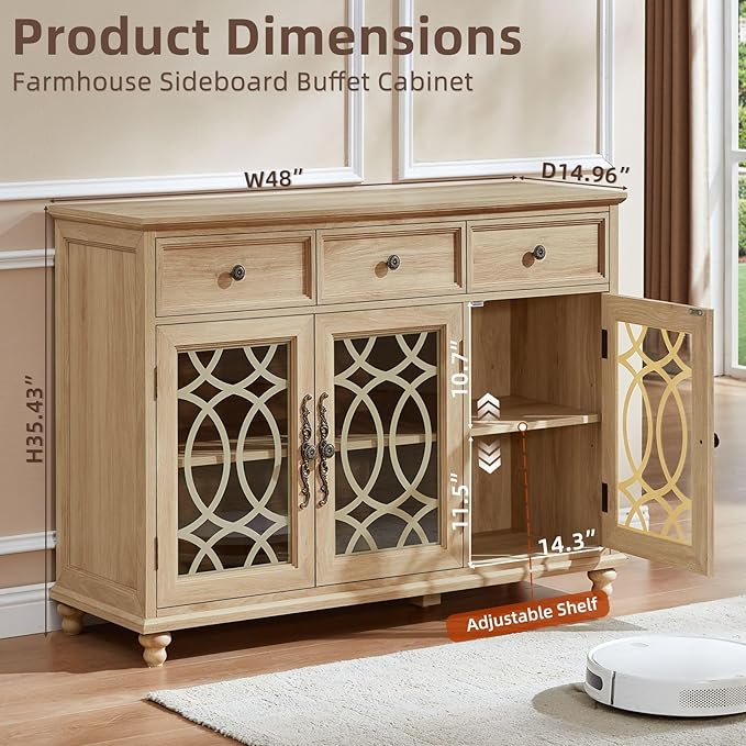 Farmhouse Sideboard Buffet Cabinet with Storage,48" Large Credenza with 3 Glass Doors & 3 Drawers,Adjustable Shelves Console Table,Wood Kitchen Coffee Bar for Dining Room,Living Room,Natural