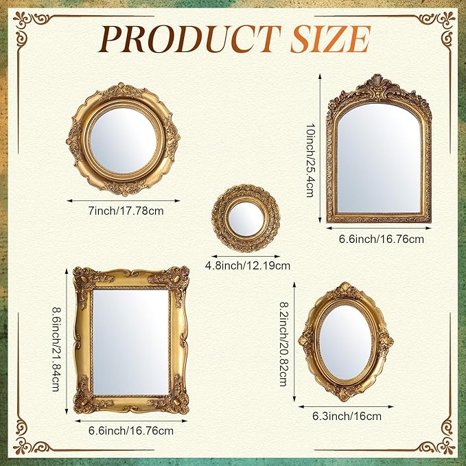 5 Pcs Vintage Gold Mirror Luxury Set Small Gold Mirrors Gallery Wall Mirror Hanging Antique Art Decor for Wall Living Room Entryway Assorted Sizes (10in/8in/7in/4in,Stylish Style)