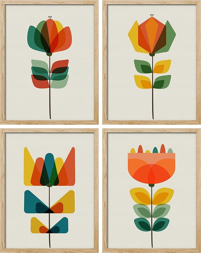 SIGNWIN Framed Mid-Century Modern Retro Botanical Flower Garden Wall Art, Set of 4 Abstract Geometric Wall Decor Prints, Nature Wilderness Wall Décor for Living Room, Bedroom - 8"x10" Natural