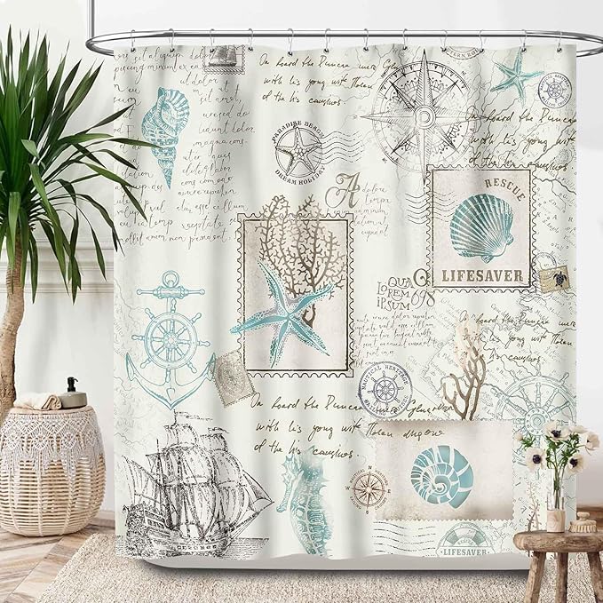 Nautical Map Shower Curtain,Lighthouse Sailboat Compass Anchor Coastal Shower Curtain for Bathroom Polyester Fabric Ocean Themed Bathroom Decor Set with Hooks,72x84Inch