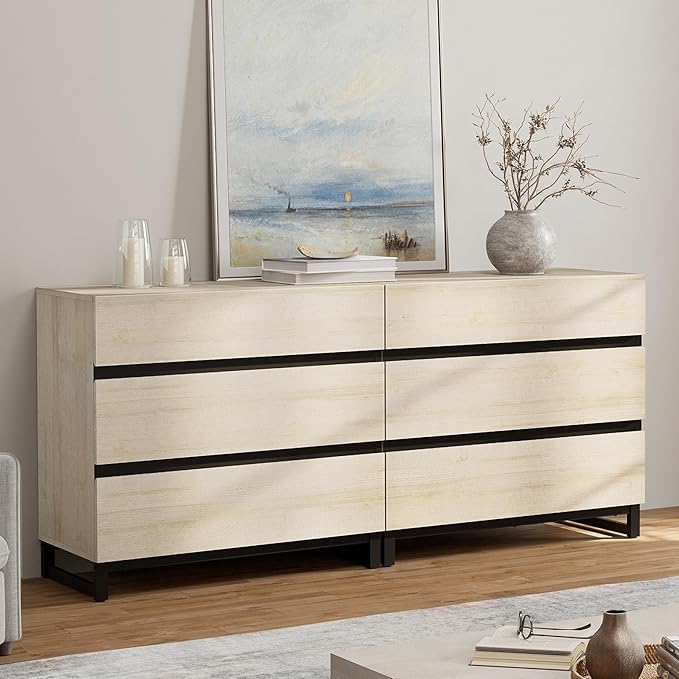 WAMPAT Dresser for Bedroom, Closet Organizers and Storage with 6 Drawers, Chest of Drawers with Metal Base, Modern Wood Dresser for Living Room, Bedroom,Light Oak