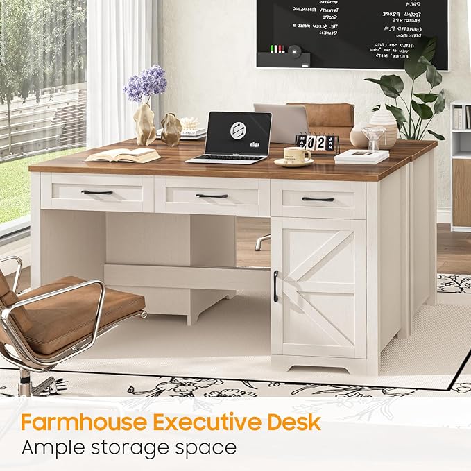 Vabches Farmhouse 55" Executive Desk,Computer Desk with 3 Drawers and Storage Cabinet,Home Office Desk for Work and Study
