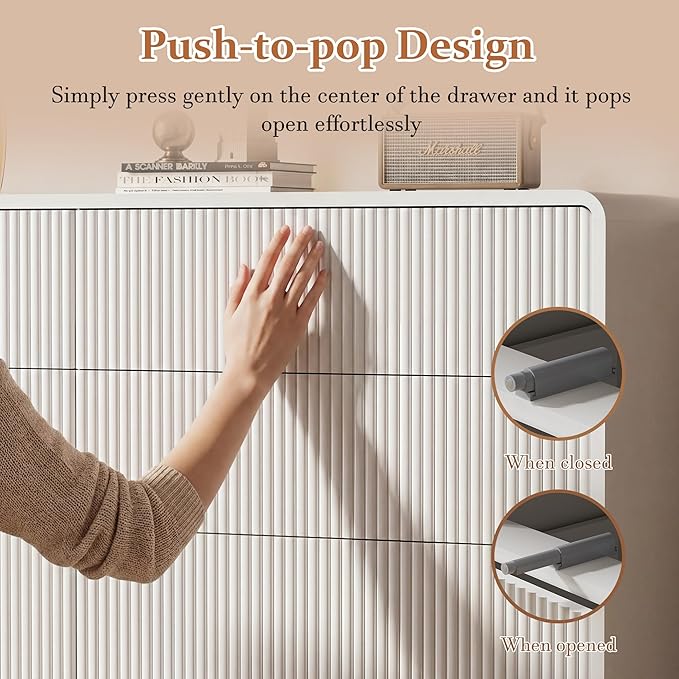 55" Wide Modern Dresser for Bedroom, 6 Drawer Chest of Drawers with Curved Design, Push-to-Open Storage Dresser, White