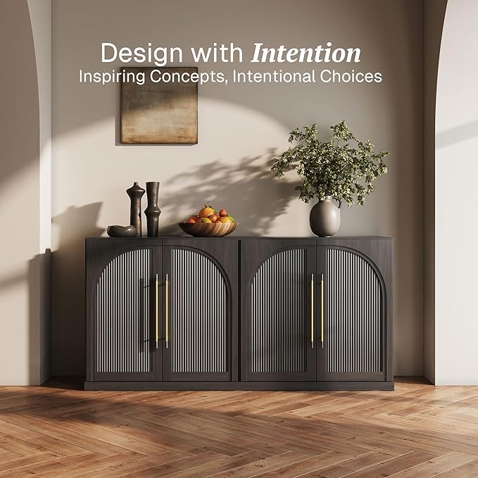 BELLEZE Set of 2 65" Sideboard Cabinet with Double-Arc Wood Doors, Large Buffet Cabinet with Storage and Adjustable Shelves, Classic Modern Console Table for Dining Room Living Room Entryway (Ebony)