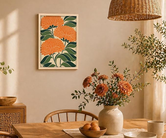 Colorful Art Deco Floral Framed Wall Art Abstract Maximalist Flower Poster Print with Solid Wood Frame, Mid Century Modern Boho Picture Painting Wall Decor for Living Room Bedroom 12x16 Inches