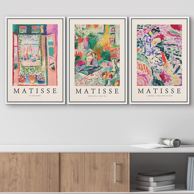 wall26 Framed Canvas Wall Art Print Set French Floral Rainbow Landscapes Henri Matisse Nature Plants Illustrations Modern Relax/Calm Multicolor for Living Room, Bedroom, Office - 16"x24"x3 White