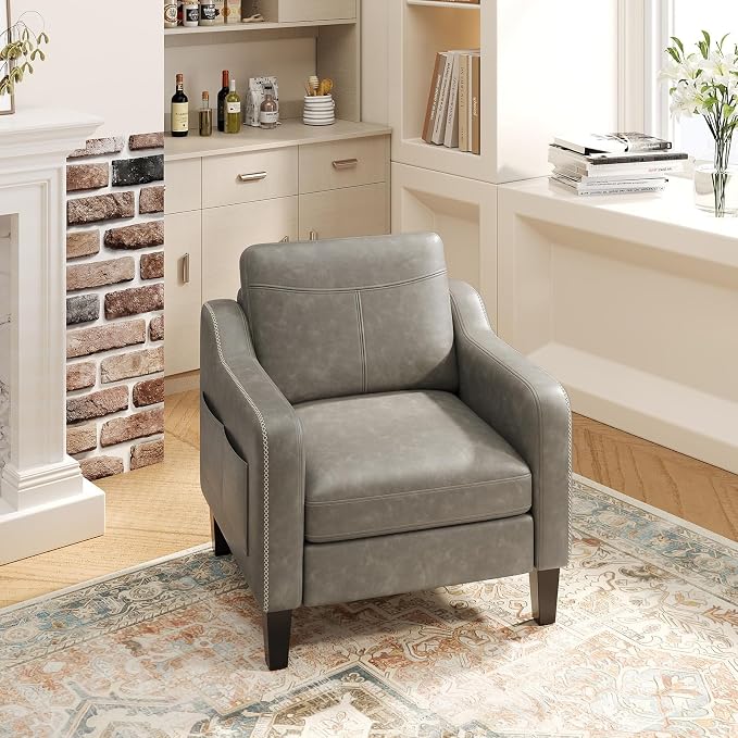 MALOL PU Leather Accent Chair, Mid-Century Modern Living Room Armchair Sofa with Removable Cushions, Solid Wood Frame & Stitched Armrest Design, Bedroom Chair with Plastic Legs, Grey