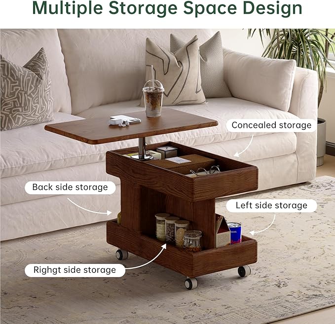 100% Solid Wood Lift Top Coffee Table with Storage, Small Coffee Table with Wheels and Rotating Desktop, Living Room Table for Bedroom, Recliner and Small Places(Walnut, No Need to Install)