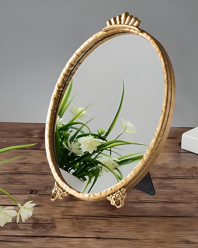 Gold Vintage Decor Vanity Mirror,Baroque Wall Art Retro Oval Mirror,Antique Wall Mirrors Decorative,Maximalist Decor Mirror for Desk Bedroom Bathroom Dresser Wall-Mounted,11.0" L x 7.9" W Gold
