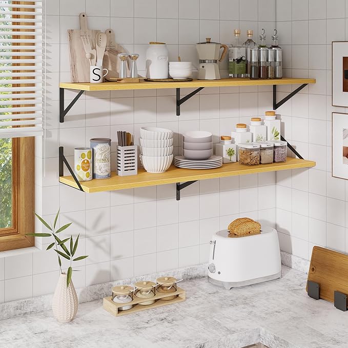 48inch Floating Shelves for Wall,10" Deep Floating Shelves with Metal Brackets,Wall Mounted Hanging Floating Shelf,Wide Display Shelves for Living Room,Bedroom,Office,Kitchen,Oak