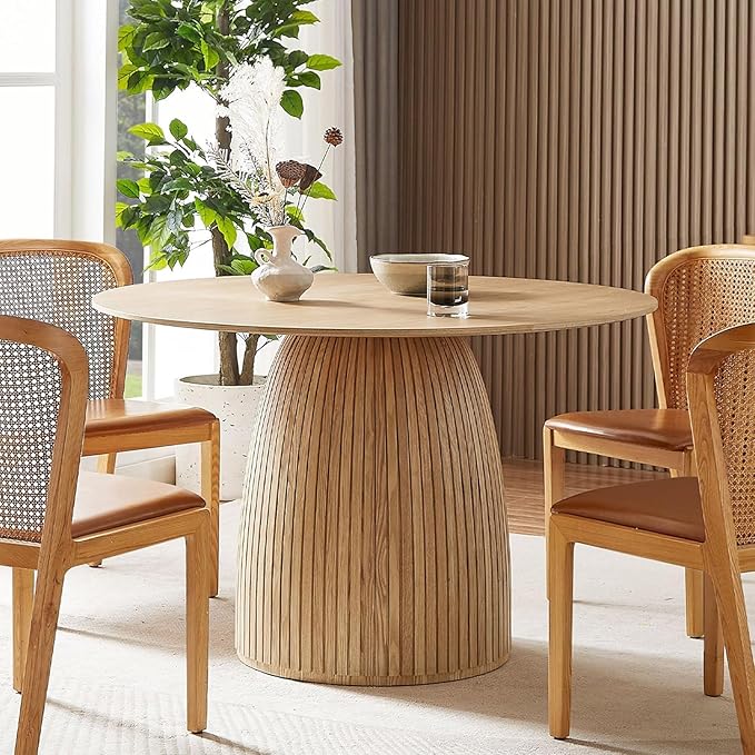 47.24" Round Dining Table for 4 6 People, Modern Farmhouse Wood Dining Room Table with Circle Table Top & Fluted Circular Drum Pedestal Base for Kitchen, Restaurant, Café, Oak