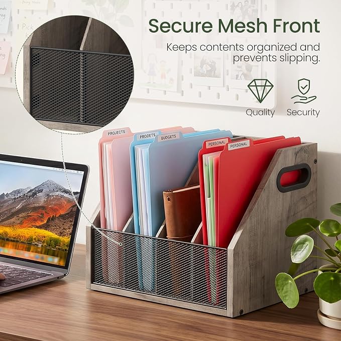 CHOEZON Wooden Desktop File Organizer with Removable Dividers, Mesh Front Panel for Paper, Mail, Magazine, Home Office Desk Storage, Easy Assembly, Greige MWJ06FH