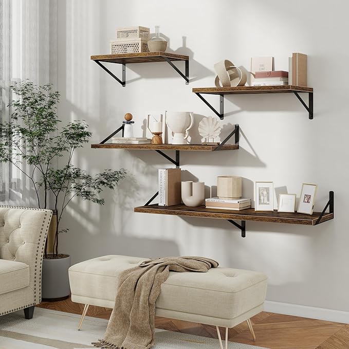 Floating Shelves, 12 Inch Deep Rustic Wood Wall Storage, 16W x 12D Wall Shelves Set of 2, Heavy Duty Metal Brackets, Large Industrial Book Shelf for Living Room, Kitchen, Bedroom, Brown