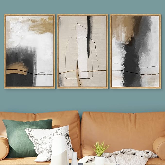 SIGNWIN Framed Canvas Print Wall Art Set Geometric Line Brown Black Pastel Color Field Abstract Shapes Modern Art Colorful for Living Room, Bedroom, Office - 16"x24"x3 Natural