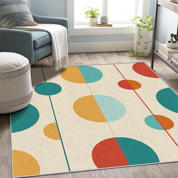 Mid Century Modern Rugs for Bedroom - Washable Colorful Retro Rugs for Living Room - 8x12 ft - Geometric Design Area Rug & Home Decor - Abstract MCM Indoor Carpet with Non Slip Backing