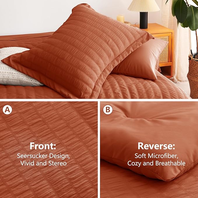 CozyLux Oversized King Comforter Set with Sheets, 7 Pieces 120"x98" Burnt Orange Seersucker Bed in a Bag, Terracotta Bedding Set with Down Alternative Comforter, Sheets, Pillowcases & Shams, Home Gift