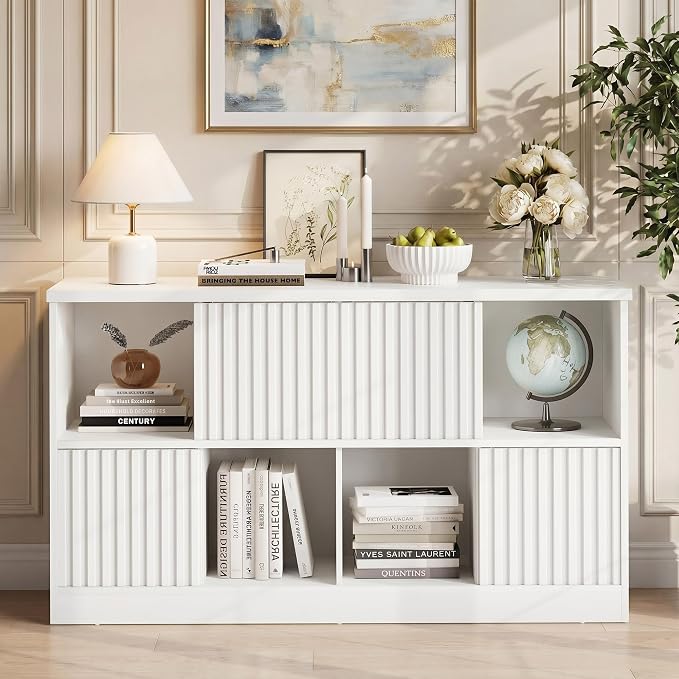 Einhomn 8 Cube Storage Organizer with Sliding Doors, Modern Fluted Bookshelf with Storage Cabinet, Wooden Bookcase with 4 Open Shelves for Living Room, Home Office, Bedroom, White
