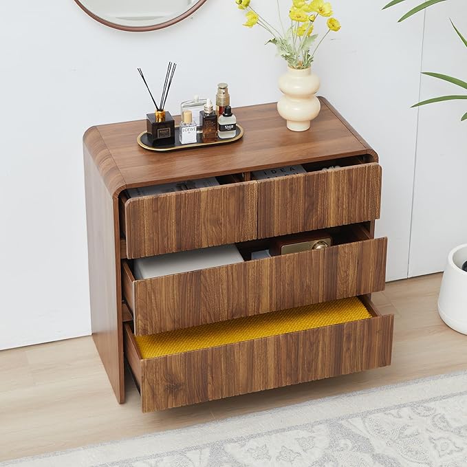 Fluted 3 Drawer Dresser for Bedroom,Mid Century Modern Wide Chest of Drawer,Curved Edge Wood Closet Dresser Nightstand for Bedroom Living Room Hallways (Walnut, Wide 3 Drawer)