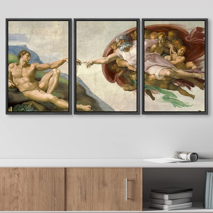 wall26 Framed Canvas Print Wall Art Set Creation of Adam by Michelangelo Cultural Historic Oil Painting Fine Art Reproduction Scenic Colorful for Living Room, Bedroom, Office - 24"x36"x3 Black
