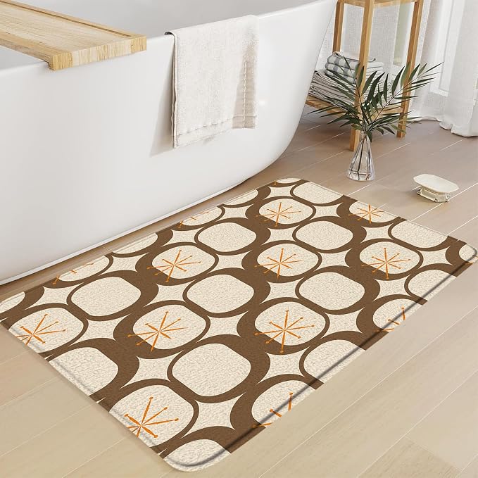 Mid Century Modern Bath Mat Abstract Atomic Geometric Retro 1950s Brown Bathroom Kitchen Toilet Rugs,24x60 Inch