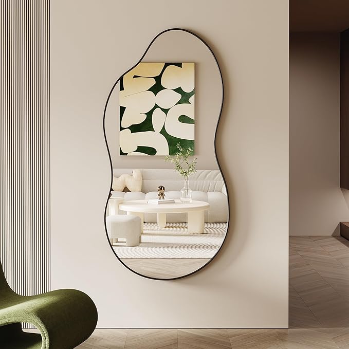 Irregular Wall Mirror - 28''×55'' Asymmetrical Decorative Tempered Glass Aluminum Alloy Framed Mirrors Cloud Mirror Wavy Mirrors for Bathroom, Bedroom, Living Room, Entryway（Black）
