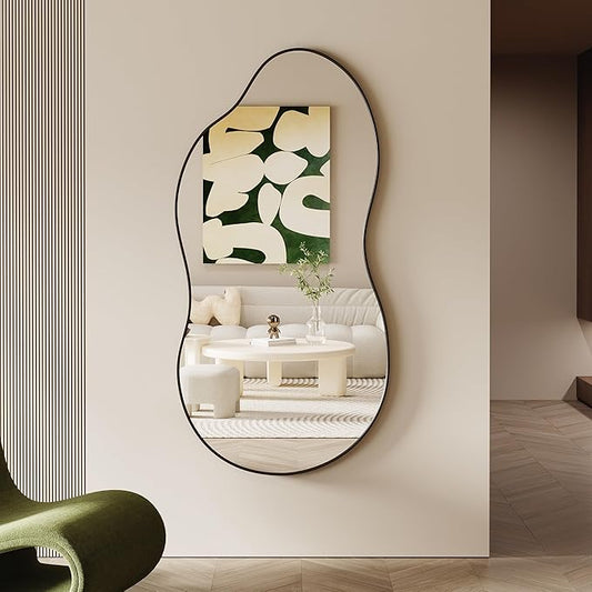 Irregular Wall Mirror - 28''×55'' Asymmetrical Decorative Tempered Glass Aluminum Alloy Framed Mirrors Cloud Mirror Wavy Mirrors for Bathroom, Bedroom, Living Room, Entryway（Black）