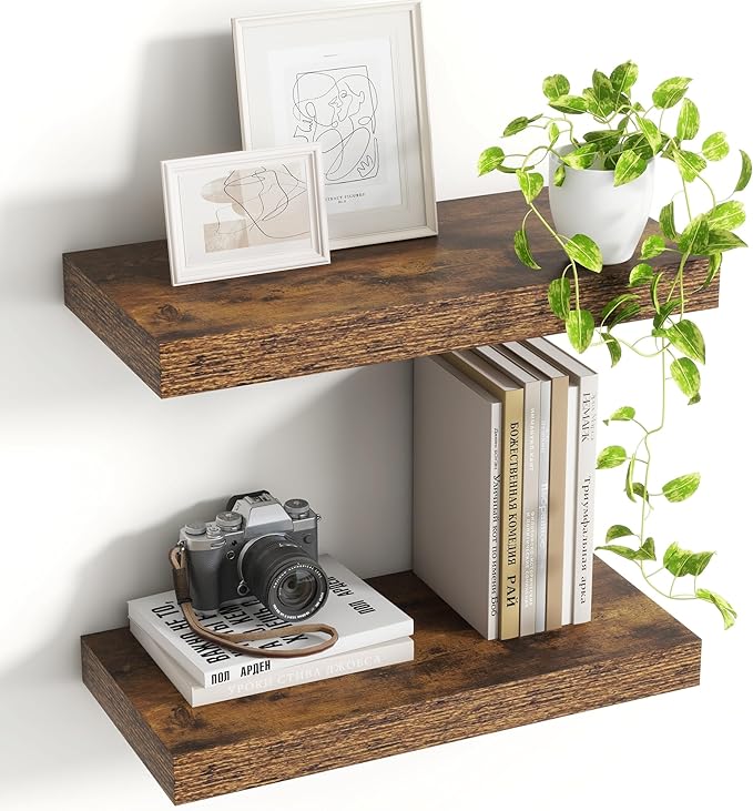 16 Inch Floating Shelves, 8 Inch Deep Floating Shelves for Wall, Hanging Shelf with Invisible Brackets, Deep Shelves for Bathroom, Bedroom, Living Room, Brown, Set of 2